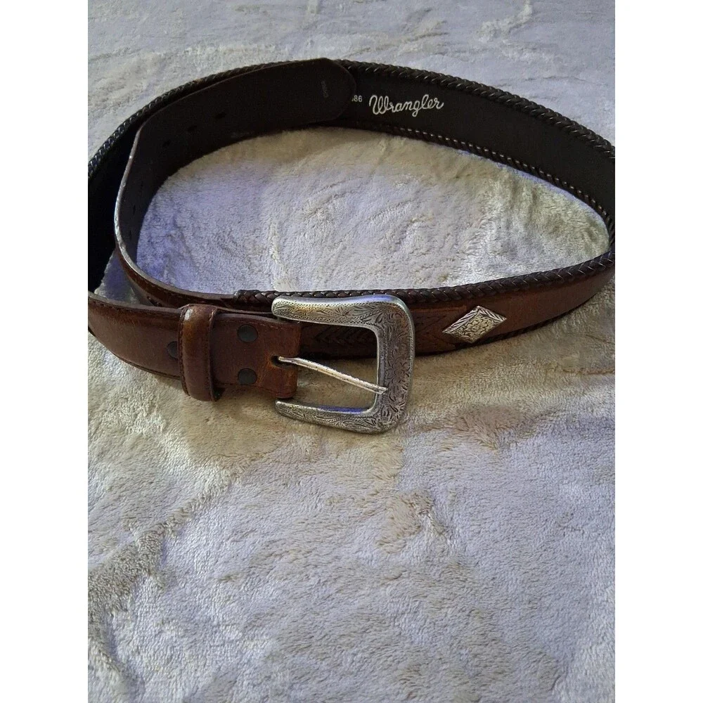 Vintage Wrangler Western Style Belt Mens Size 36/90 Large Buckle Genuine Leather